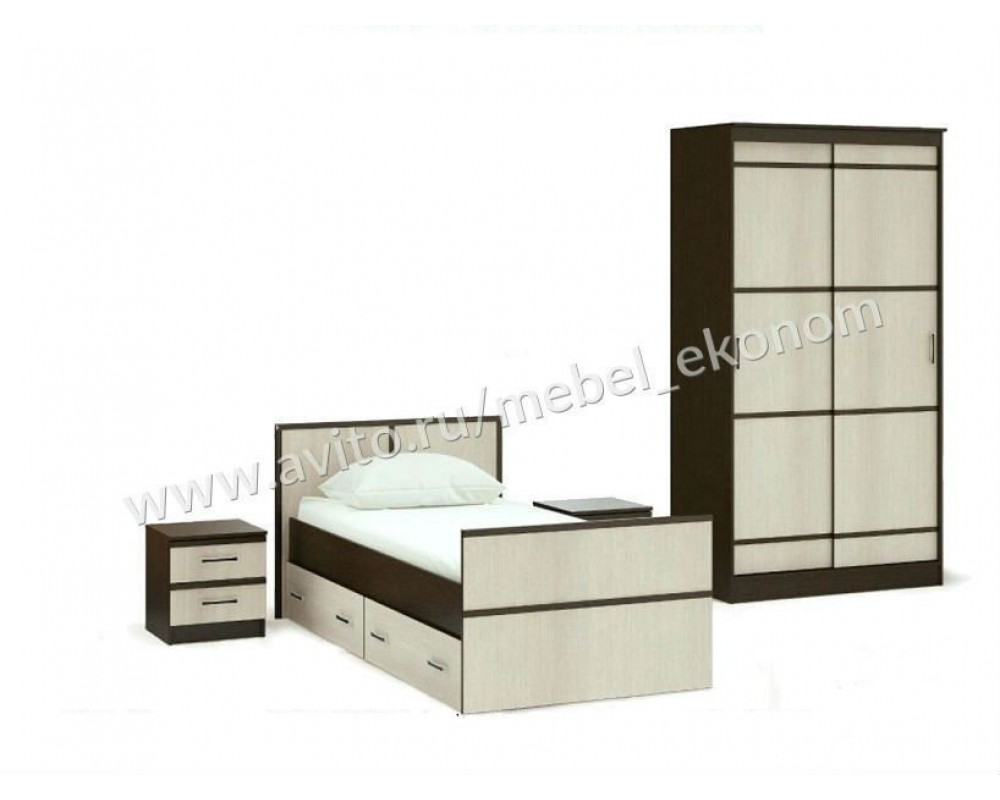 Спальня "Кровать с ящиками 90+Шкаф купе 114 см+тумбы"